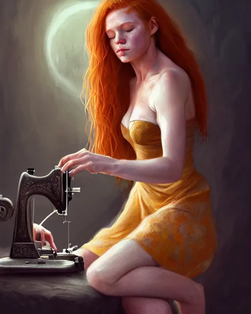 Prompt: female seamstress sewing a dress, perfect face, magic, halter top, ginger hair, abs, cinematic, freckles, stunning, adorable, cute, athletic, strong, agile, highly detailed, psychedelic, digital painting, artstation, smooth, hard focus, illustration, art by jessica rossier and and brian froud