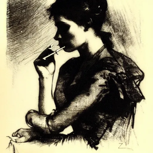 Image similar to anders zorn etching. damsel smoking a long cigarette. ink