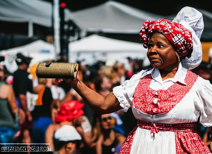 Image similar to photo still of aunt jemima in period attire at vans warped tour!!!!!!!! at age 4 0 years old 4 0 years of age!!!!!!! on stage pouring maple syrup on the crowd, 8 k, 8 5 mm f 1. 8, studio lighting, rim light, right side key light