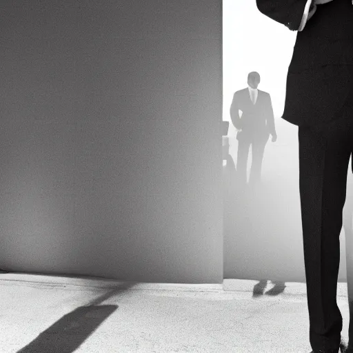 Image similar to man in suit walking towards camera with white background. wearing suit and hat. strong shadows. high contrast. serious look. carrying a pistol