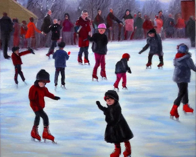 Image similar to Children ice skating. Oil painting by Norbert Schwontkowski.