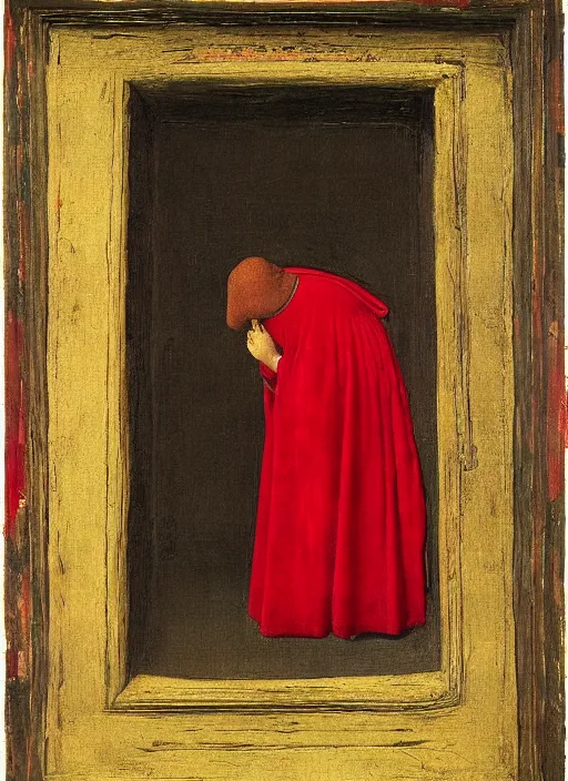 Image similar to Profile of Fallen Angel dressed in red, Medieval painting by Jan van Eyck, Johannes Vermeer, Florence