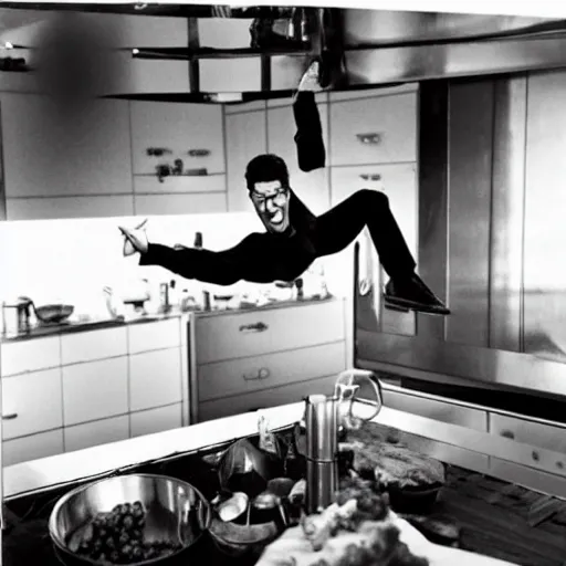 Image similar to jeff goldblum bouncing upside down in his kitchen