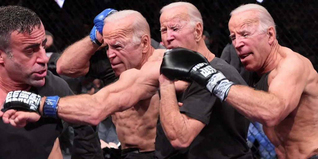 Image similar to joe rogan knocks out joe biden in street fight, detailed facial expressions, hyper detailed