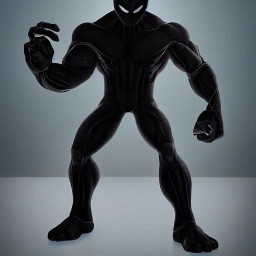 Prompt: Shadow is an undefeated intergalactic humanoid warrior, he is two meters tall, with an amazing well defined muscular body, his skin is gray, he has no hair at all, his eyes are wide and completely white, has no noticeable nose or mouth, he looks like a mix between the Spawn and venom from Spiderman