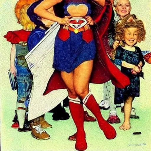 Image similar to Super heroine with the powers of mushrooms. A painting by Norman Rockwell.