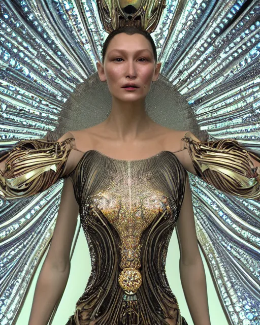 Image similar to a highly detailed metahuman 4 k close up render of an alien goddess bella hadid as mother of god in iris van herpen dress schiaparelli in diamonds crystals swarovski and jewelry iridescent in style of alphonse mucha gustav klimt trending on artstation made in unreal engine 4