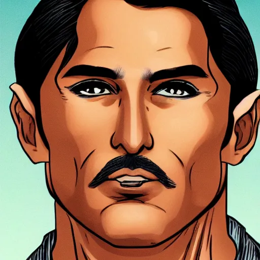 Prompt: A masculine middle aged man with tan skin, brown eyes, and hip-length, shiny, black hair, in the style of DC Comics