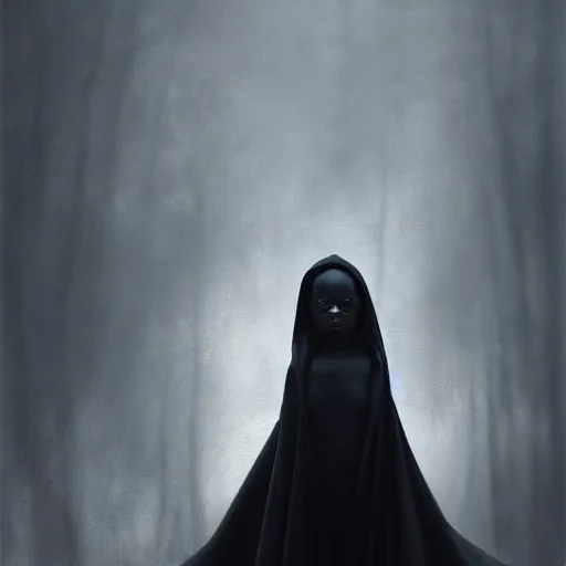 Image similar to a portrait of a young black woman wearing a long dark cloak, hood and shadows covering face, anatomically correct, beautiful perfect face, enigmatic, oil painting, matte painting, black background, Volumetric dynamic lighting, Highly Detailed, Cinematic Lighting, Unreal Engine, 8k, HD, by Beksinski