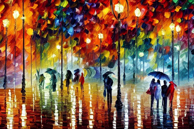 Prompt: a painting of a park at night by leonid afremov and william degouve de nuncques, rain puddles, a glitched dystopian city in the background, in foreground two plague doctors, subdued colors
