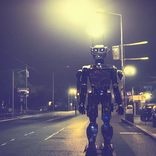 Prompt: giant robot at night, claws, humanoid, face, horror movie, stark light, dramatic lighting, evil smile, street at night, cars in the background, trash on the ground, night sky, scary, evil