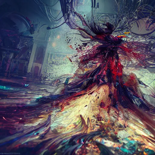 Image similar to full body pose, hyperrealistic mixed media painting of beautiful chaos, dim volumetric lighting, 8 k, octane beautifully detailed render, extremely hyper detailed, intricate, epic composition, cinematic lighting, masterpiece, trending on artstation, very very detailed, masterpiece, stunning, hdr, smooth, sharp focus, high resolution, award, winning photo, dslr, 5 0 mm