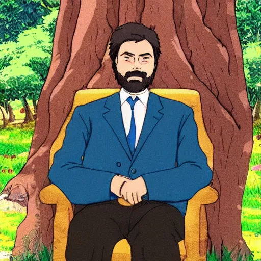 Prompt: president gabriel boric sitting at a tree made by studio ghibli, detail, high quality, detailed, beautiful scene, smooth, high quality lights