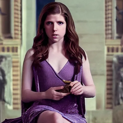 Image similar to Anna Kendrick as the Goddess Minerva with her dark purple toga slipping off her shoulders which her owl is sitting upon 8k resolution hyperdetailed photorealism amazing level of detail and ultra high quality and beautifully crafted