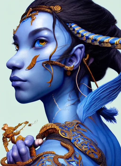 Prompt: : side profile blue avatar, fantasy magic,, intricate, sharp focus, illustration, highly detailed, digital painting, concept art, jahbu art and paul lewin and kehinde wiley, masterpiece