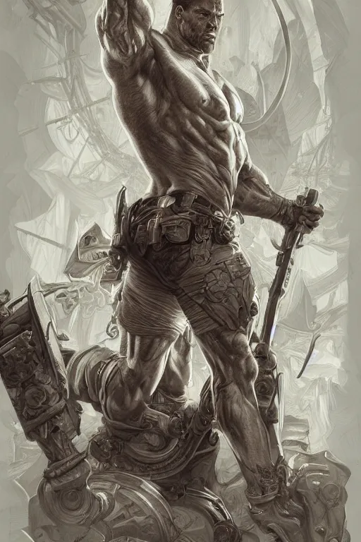 Image similar to muscled ruggedly handsome hero, intricate, elegant, highly detailed, centered, digital painting, artstation, concept art, smooth, sharp focus, illustration, art by artgerm and donato giancola and Joseph Christian Leyendecker, Ross Tran, WLOP