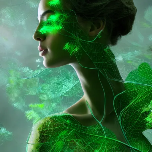 Prompt: a highly detailed ethereal full body digital image of a elegantly posed dancing futuristic woman beautifully intertwined in realistic green leafy foliage liquid like leaves shot, full body shot, by Andrew Chiampo, artstation, and Frederik Heyman, extremely detailed woman, stunning volumetric lighting, hyper realism, fantasy 4k