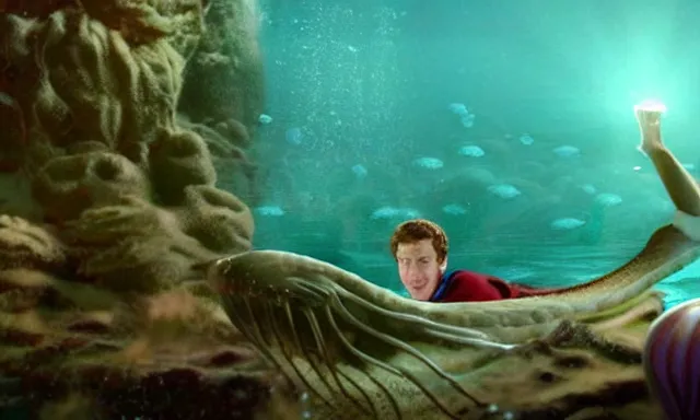 Image similar to mark zuckerberg as a mermaid ruling the ocean, photorealistic, cinematic lighting, highly detailed, extremely realistic