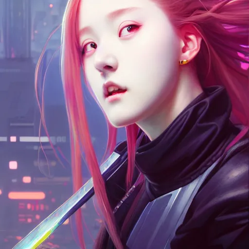 Image similar to portrait painting of cyberpunk chuu loona kpop smiling cheerfully with a black katana, ultra realistic, concept art, intricate details, eerie, highly detailed, photorealistic, octane render, 8 k, unreal engine. art by artgerm and greg rutkowski and magali villeneuve and alphonse mucha