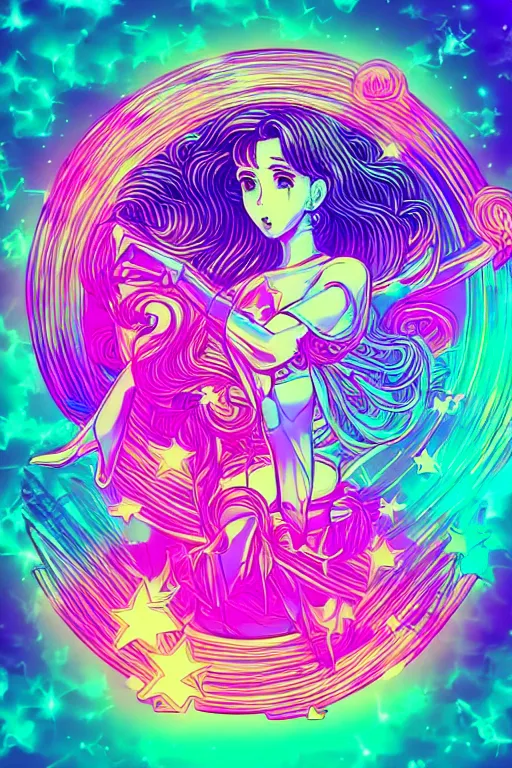 Prompt: retro vaporwave pastelpunk celestialcore gradient synth wave cloud ripple wireframe visualizer, sailormoon vibes manga illustration