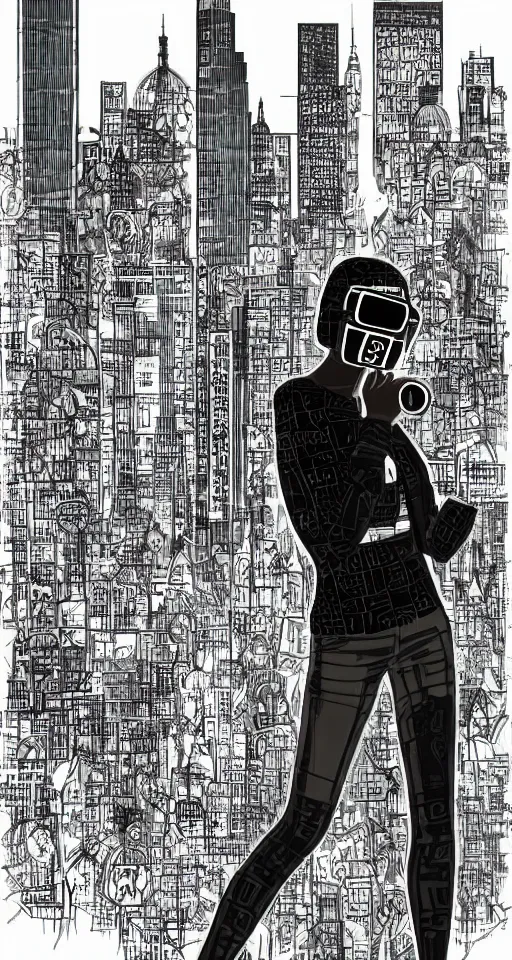 Prompt: cypherpunk fashion illustration, camera face, city street background with high tall buildings, central park, abstract portrait highly detailed, finely detailed, shadows realism