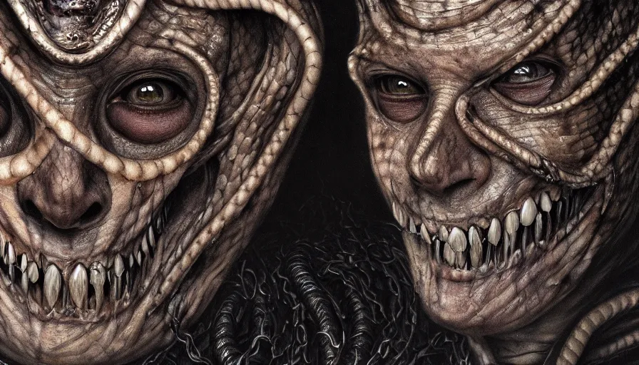 Prompt: rotting a human face made up of snakes, evil smile, death, fear, horror, extremely high detail, ultra realistic, hyperrealism, by giger, 4 k