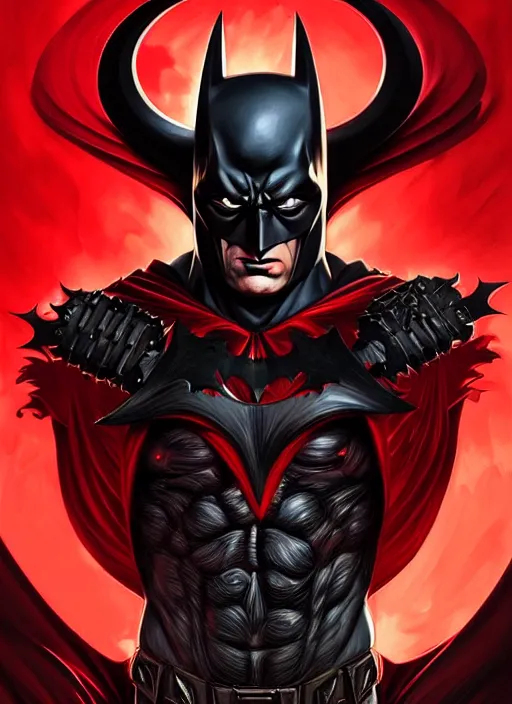 Image similar to portrait of aggressive demonic damned batman, d & d, muscular! athetic slim bodybuilder, red and black, futuristic, fantasy, intricate, elegant, highly detailed, digital painting, artstation, concept art, smooth, sharp focus, illustration, art by artgerm and greg rutkowski and alphonse mucha