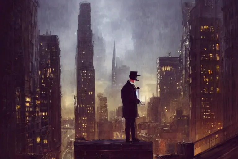 Image similar to portrait detective wearing a trench coat in profile smoking a sherlock holmes pipe on a perch facing the city at night, smooth, focus, highly detailed, hyper realistic, dramatic lighting, intricate, concept art, new york skyline, looking down, art by wlop, greg rutowski, artstation