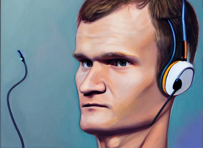 Image similar to vitalik buterin in headphones. vitalik buterin, medium shot, perfect symmetric face, coherent face, coherent eyes, cute, fine details., 4 k, hans zatska, oil paint