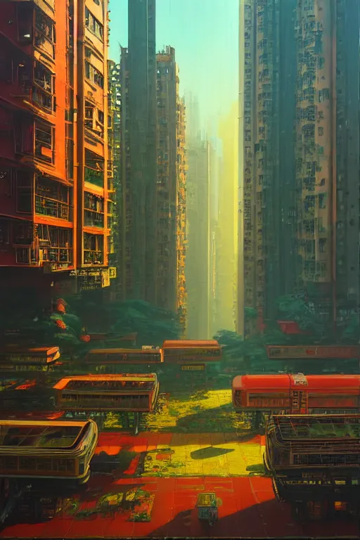 Image similar to downtown hong kong in a redwood solar punk vision, oil on canvas by klaus burgle, simon stalenhag, ultra - realistic 3 d depth shading