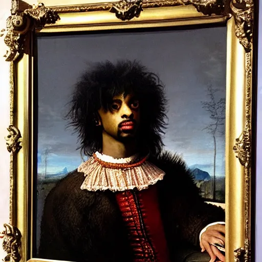 Prompt: Renaissance portrait painting of punk Playboi Carti by Rembrandt van Rijn, detailed, realistic