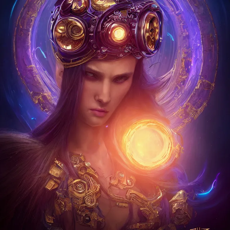 Image similar to beautiful cinematic fantasy poster, a beautiful cyberpunk goddess wearing ornate gold sci-fi goggles, flowing illuminated hair, beautiful glowing galaxy eyes, wideshot ultrawide angle epic scale, hybrid from The Elden Ring and art direction by Darius Zawadzki ;by artgerm; wayne reynolds art station; cinematic quality character render; low angle; ultra high quality model; production quality cinema model;