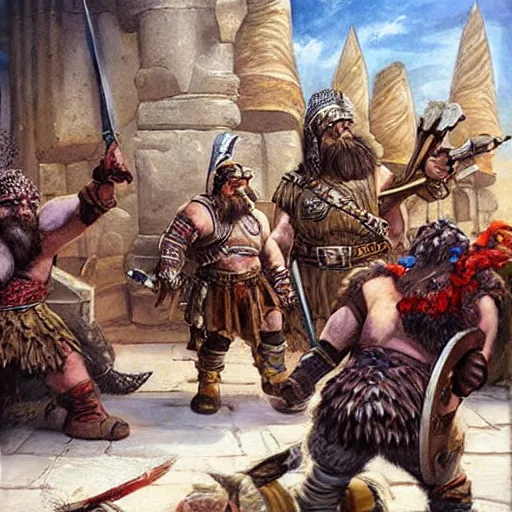 Image similar to DnD dwarves in gladitorial duel. Epic painting by james gurney. Dwarf gladiators in the coliseum.