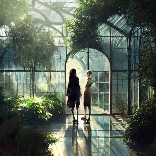 Image similar to two women standing in an elegant greenhouse garden, dramatic lighting, illustration by greg rutkowski, yoji shinkawa, 4 k, digital art, concept art, trending on artstation