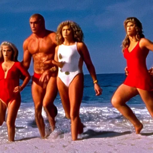 Image similar to a screen still of a frightening existential nightmare in an episode of baywatch