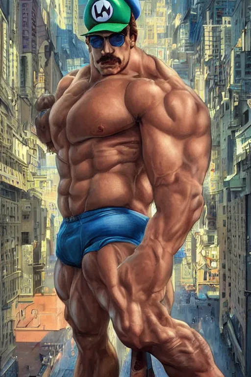 Image similar to luigi as gigachad bodybuilder in the city by ilya kuvshinov, ernest khalimov body, super mario bros symmetrical face concept art, hyper realistic, intricate, elegent, highly detailed, digital painting, concept art, smooth, sharp, focus, illustration, art by artgerm and greg rutkowski and alphonse mucha, artstation