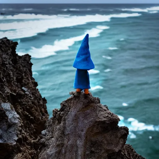 Image similar to cinematic front shot of a blue gnome standing on the edge of a cliff by the ocean, 8k, highly intricate, highly detailed,