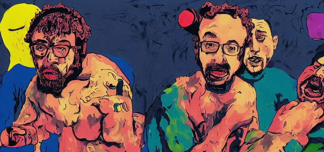 Image similar to Sam Hyde sparring with Joe Rogan but they are lost in a David Lynch movie, Mike Judge art style, 90's mtv illustration, surrealism, clean linework, vivid complementary colors