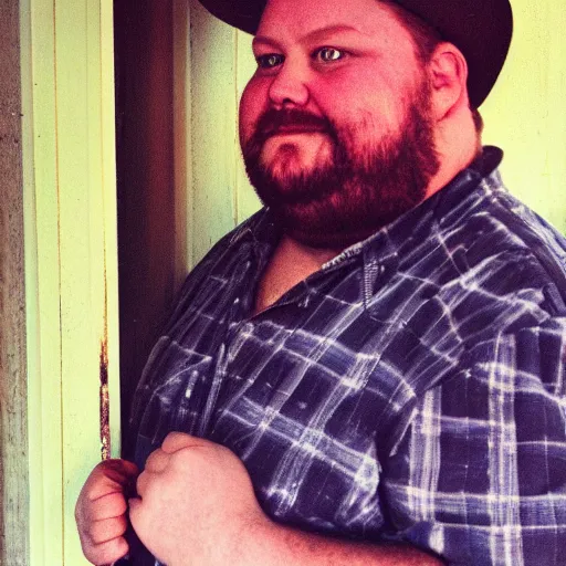 Image similar to close up portrait of fat redneck man in dirty clothes, award winning, kodak gold 2 0 0, ring doorbell camera,