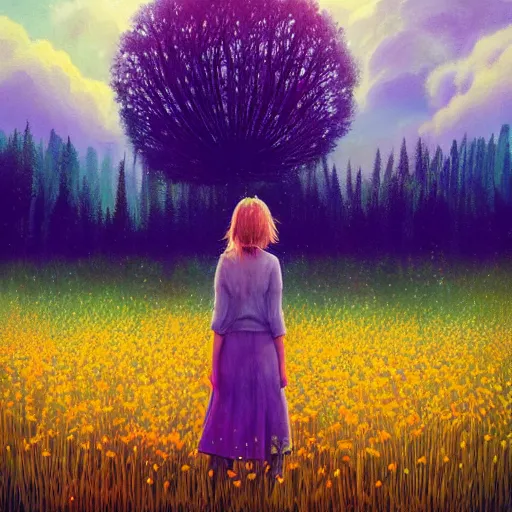 Image similar to girl with dandelion face, surreal photography, dream, standing in flower field, hills, big trees, sunrise dramatic light, impressionist painting, colorful clouds, digital painting, pointillism, artstation, simon stalenhag