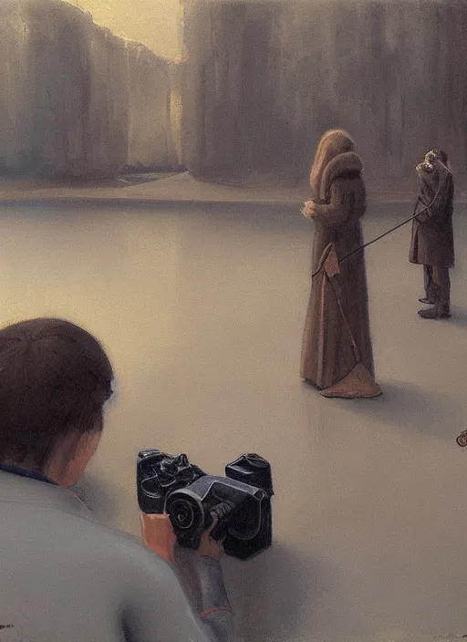 Prompt: two people holding cameras and facing each other, soft edges, calm serene painting, ralph maquarrie