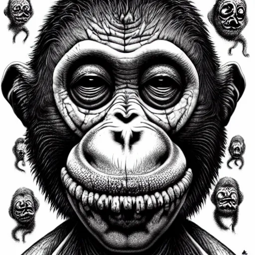 Prompt: deformed hideous pustule covered monkey, sores, bumps, skin wounds, surface hives, growths, horror, fantasy, highly detailed, by Dan Hillier
