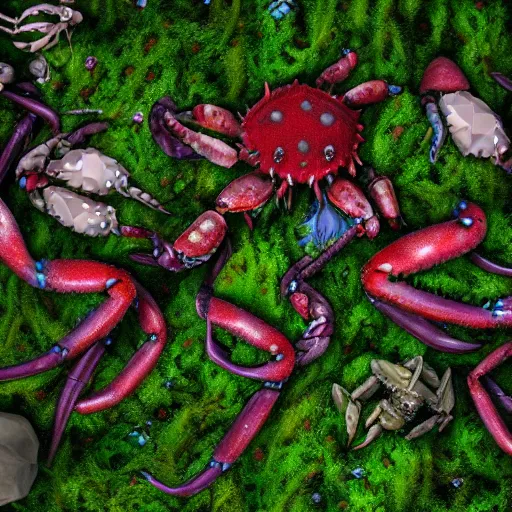 Prompt: large group of crabs and worms, crawling along a bed of moss, low poly, creeper world, handcrafted, artstation, hyperrealistic, hard light, best practices, creeptastic, photorealism, macro perspective, cuddly, Voidless of the Festival!, The Graveyard!!, Blood moon tentacles, outsider art!!!