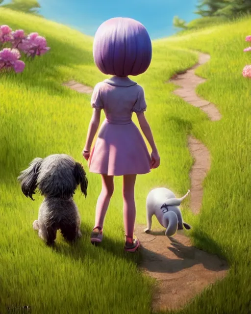 Prompt: Girl and her dog back view, isometric 3d, ultra hd, character design by Mark Ryden and Pixar and Hayao Miyazaki, unreal 5, DAZ, hyperrealistic, octane render, cosplay, RPG portrait, dynamic lighting, intricate detail, summer vibrancy, cinematic