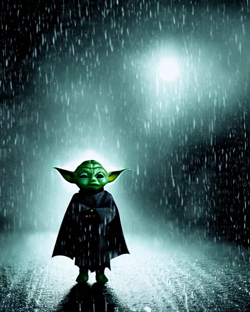 Prompt: epic closeup cinematic still of baby yoda as batman wearing batman costume with batcape as batman in atmospheric rainy alleyway in the style of batman begins, 8 k backlit, rim lighting, dramatic moonlight lighting, beautiful composition