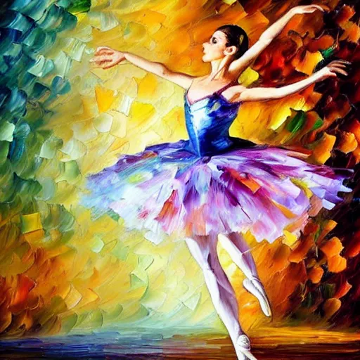 Prompt: palette knife oil painting of a leaping ballerina, extreme detail, style by leonid afremov and degas, artstation, artgerm, deviant art, octane, substance, art history, photo realistic