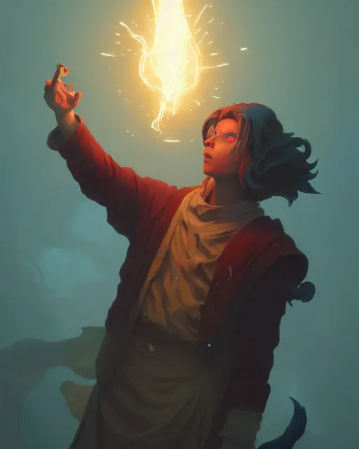 Image similar to highly detailed vfx portrait of an old mage casting a light spell, unreal engine, greg rutkowski, loish, rhads, beeple, makoto shinkai and lois van baarle, ilya kuvshinov, rossdraws, tom bagshaw, alphonse mucha, global illumination, detailed and intricate environment