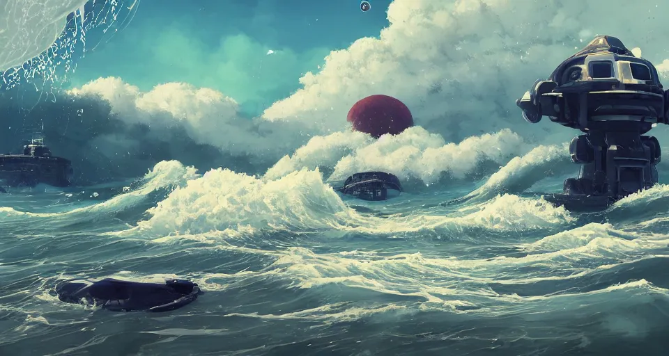 Image similar to A very beautiful serene coastal landscape scene with a GIANT MECHA JELLYFISH looming in the distance, bright sunny the great waves of kanagawa splashing on the beach, Translucent rendered by simon stålenhag, rendered by Beeple, Makoto Shinkai, syd meade, environment concept, digital art, starwars, unreal engine, 3 point perspective, WLOP, trending on artstation, low level, 4K UHD image, octane render,