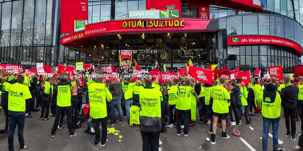 Image similar to # glazersout protests outside old trafford theatre of dreams against the glazers, # glazersout, chaos, protest, banners, placards, burning, pure evil, 8 k, wide angle lens, 1 6 - 3 5 mm, symmetry, cinematic lighting