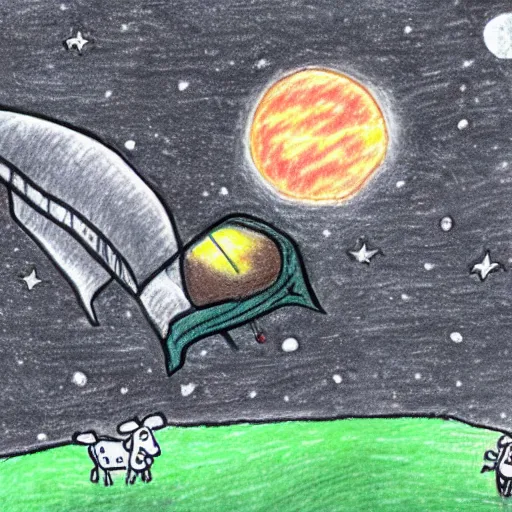 Image similar to A space ship abducts a cow, drawn by a 5 year old, 4k, HD